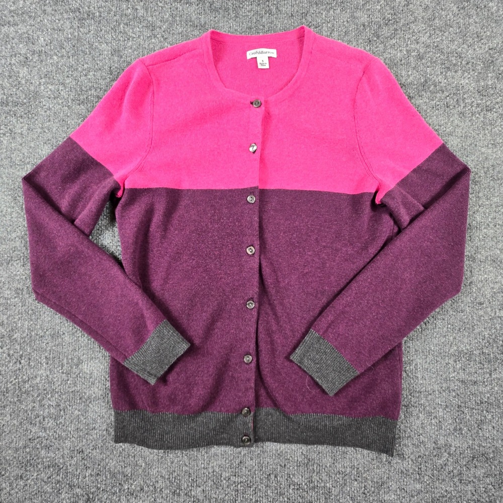 Croft & Barrow Colorblock Cardigan Sweater Womens Small Pink Purple Grey Knit